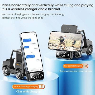 6 In 1 Car Shape Speaker With Clock & Wireless Charger - Grey