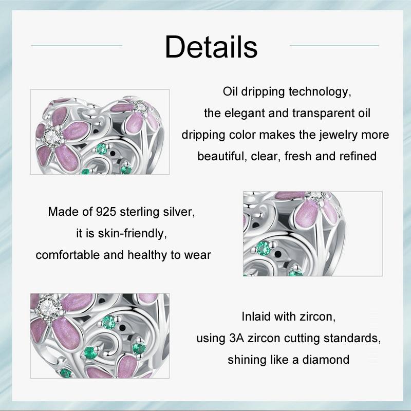 925 Sterling Silver Platinum Plated Zircon Heart Flower Vine Diy Beads