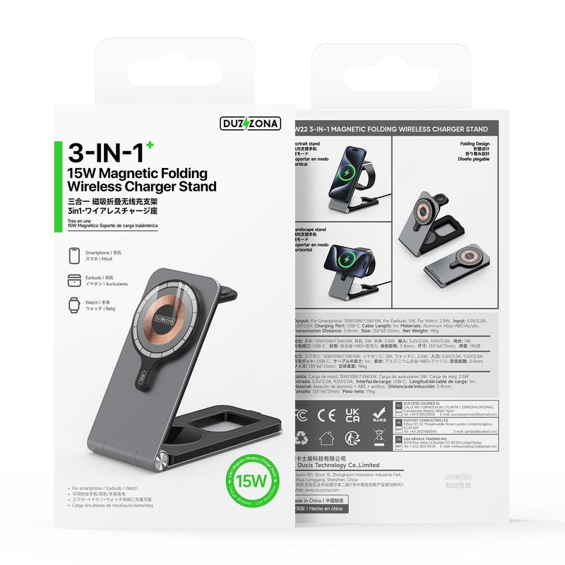 15W 3 In 1 Foldable Magnetic Wireless Charger Grey