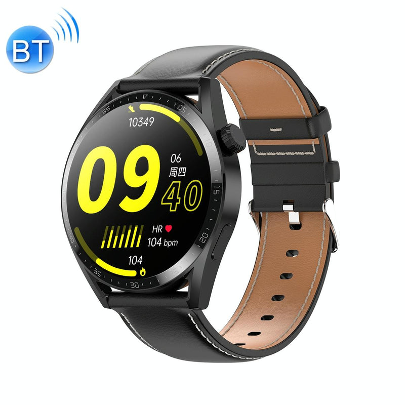 1.36 Inch Round Screen Bluetooth Smart Watch With Leather Strap - Black