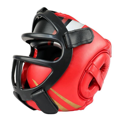 Competition Sparring Boxing Helmet For Head Protection - Red With Mask - L
