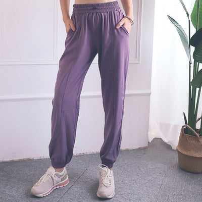 High Waist Drawstring Yoga Pants Black Size S - Smoke Purple
