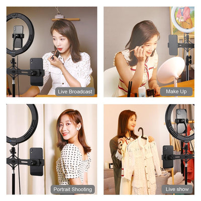 10.2 Led Ring Light with Tripod & Dual Phone Brackets - Usb Dimmable Dual Colour Temperature Selfie Remote - Black