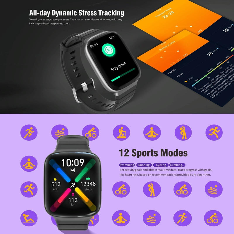 1.69 Inch Ips Screen 5Atm Waterproof Sport Smart Watch Support Sleep Monitoring / Heart Rate Monitoring / Sport Mode / Incoming Call & Information Reminder - Black