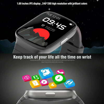 1.69 Inch Ips Screen 5Atm Waterproof Sport Smart Watch Support Sleep Monitoring / Heart Rate Monitoring / Sport Mode / Incoming Call & Information Reminder - Black