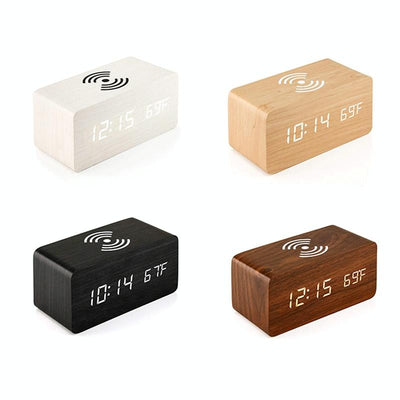 5W Wooden Wireless Charger With Led Mirror Display And Sub Alarm Clock - Rosewood