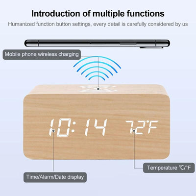 5W Wooden Wireless Charger With Led Mirror Display And Sub Alarm Clock - Rosewood