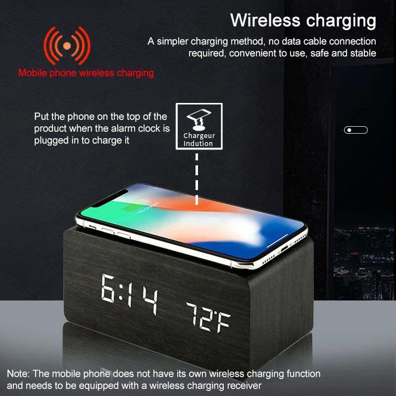 5W Wooden Wireless Charger With Led Mirror Display And Sub Alarm Clock - Rosewood