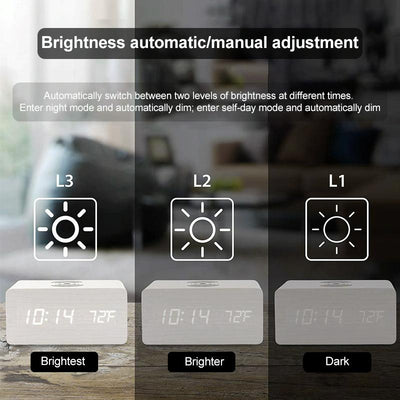 5W Wooden Wireless Charger With Led Mirror Display And Sub Alarm Clock - Rosewood