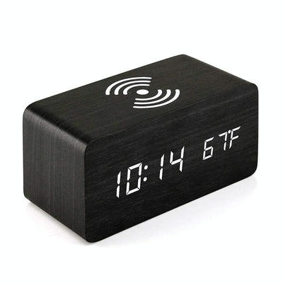 5W Wooden Wireless Charger With Led Mirror Display And Sub Alarm Clock - Rosewood