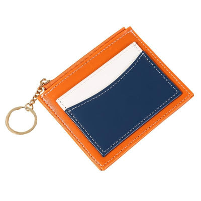 Portable Simple Card Holder Coin Purse With Keychain Unisex Pu Wallet - Orange