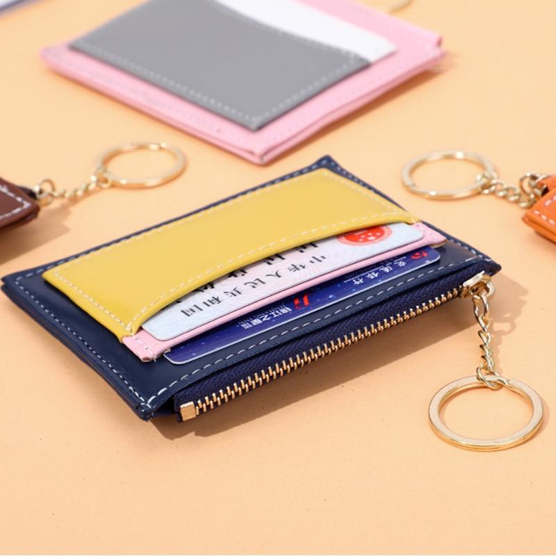 Portable Simple Card Holder Coin Purse With Keychain Unisex Pu Wallet - Orange