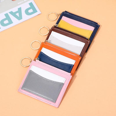Portable Simple Card Holder Coin Purse With Keychain Unisex Pu Wallet - Orange