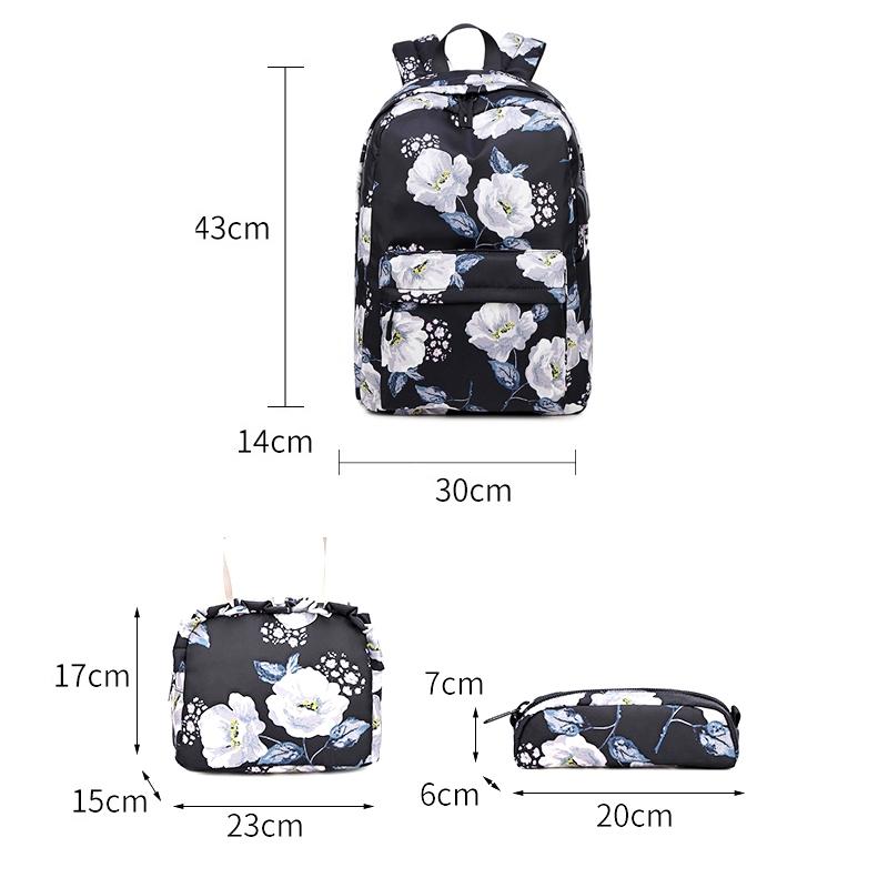 Small Fresh Printed Backpack Set - 3 Pieces for Students - Black