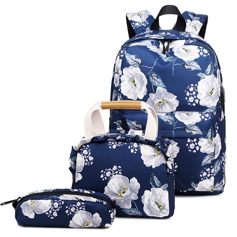Small Fresh Printed Backpack Set - 3 Pieces for Students - Black