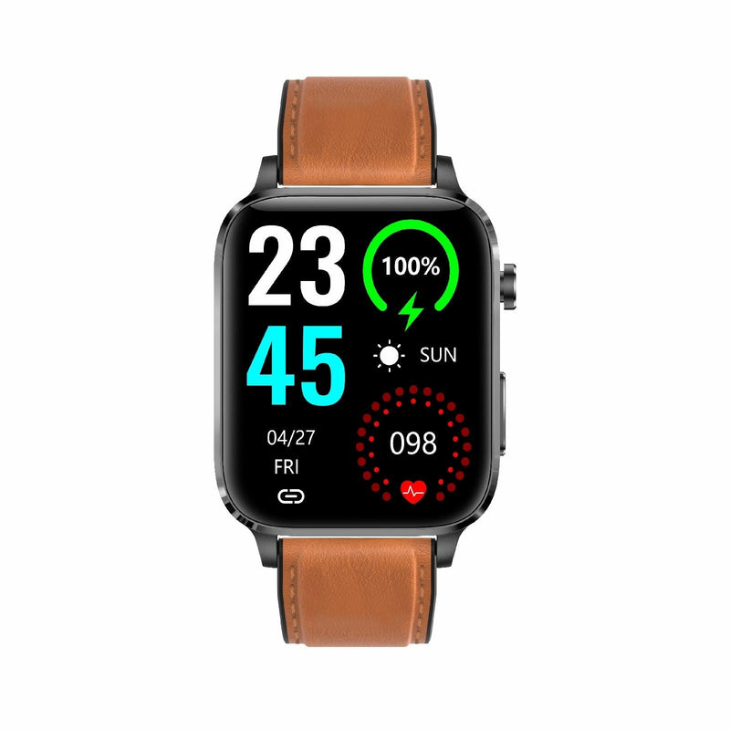 1.7 Inch Hd Square Screen Leather Strap Smart Watch Supports Body Temperature Monitoring / Blood Oxygen Monitoring - Brown