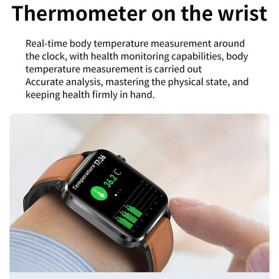 1.7 Inch Hd Square Screen Leather Strap Smart Watch Supports Body Temperature Monitoring / Blood Oxygen Monitoring - Brown