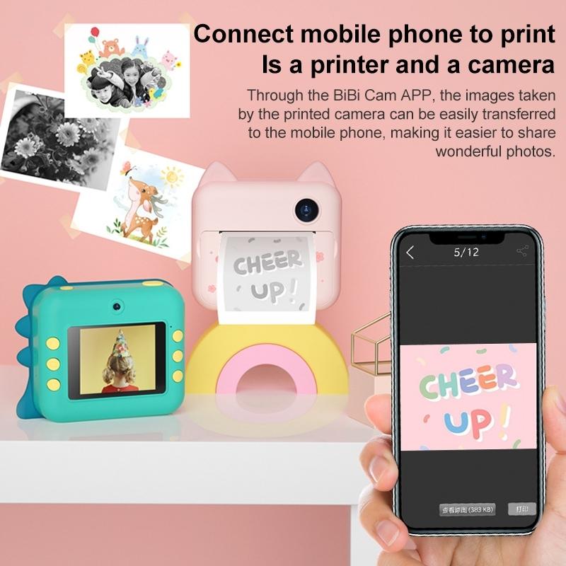 Instant Camera for Kids with Dual-lens Mini Print Green Dinosaur Design - Pink Cat No Card