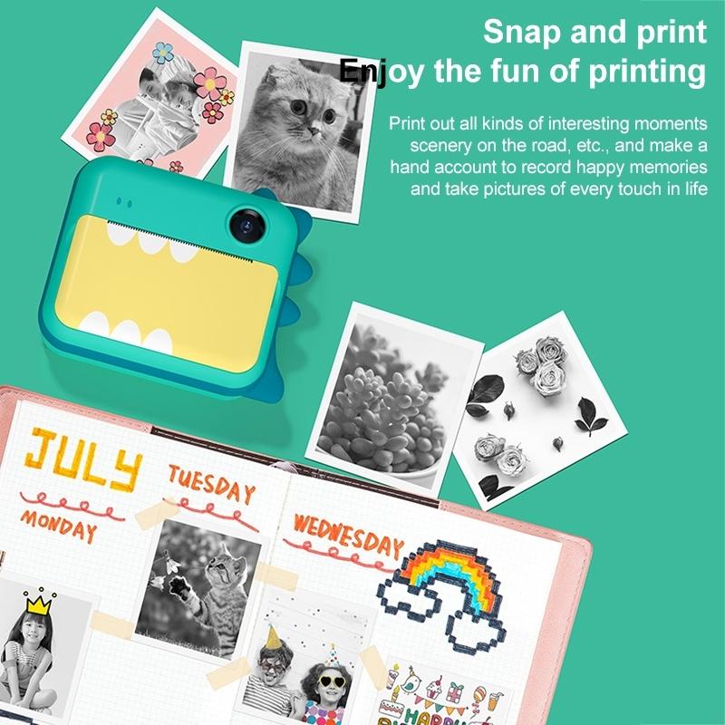 Instant Camera for Kids with Dual-lens Mini Print Green Dinosaur Design - Pink Cat No Card