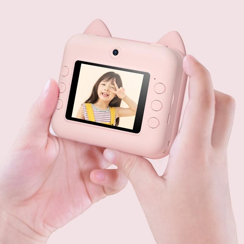 Instant Camera for Kids with Dual-lens Mini Print Green Dinosaur Design - Pink Cat No Card