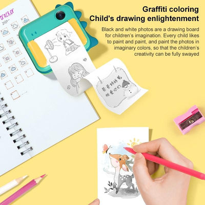 Instant Camera for Kids with Dual-lens Mini Print Green Dinosaur Design - Pink Cat No Card