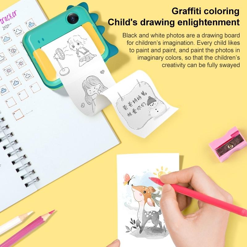 Instant Camera for Kids with Dual-lens Mini Print Green Dinosaur Design - Pink Cat No Card