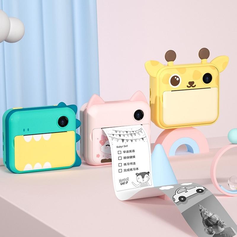 Instant Camera for Kids with Dual-lens Mini Print Green Dinosaur Design - Pink Cat No Card