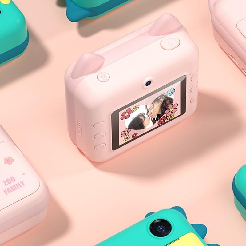 Instant Camera for Kids with Dual-lens Mini Print Green Dinosaur Design - Pink Cat No Card
