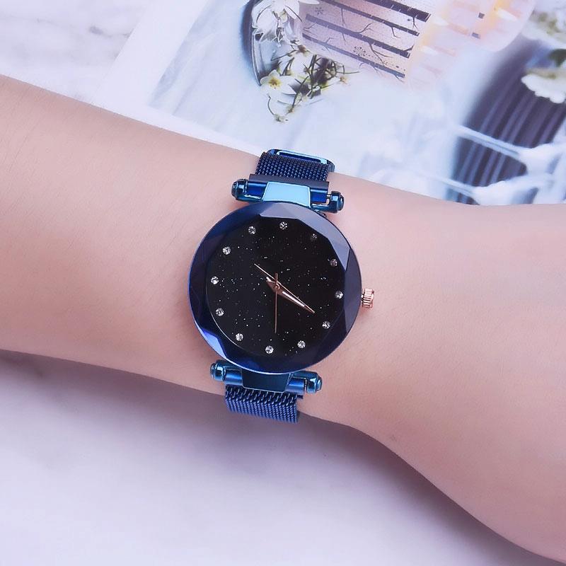 Starry Diamond Geometric Quartz Watch with Magnet Buckle - Luxury Mesh for Women - Blue