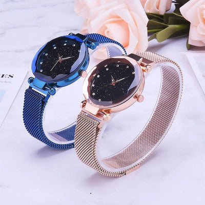 Starry Diamond Geometric Quartz Watch with Magnet Buckle - Luxury Mesh for Women - Blue