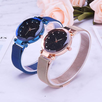Starry Diamond Geometric Quartz Watch with Magnet Buckle - Luxury Mesh for Women - Blue