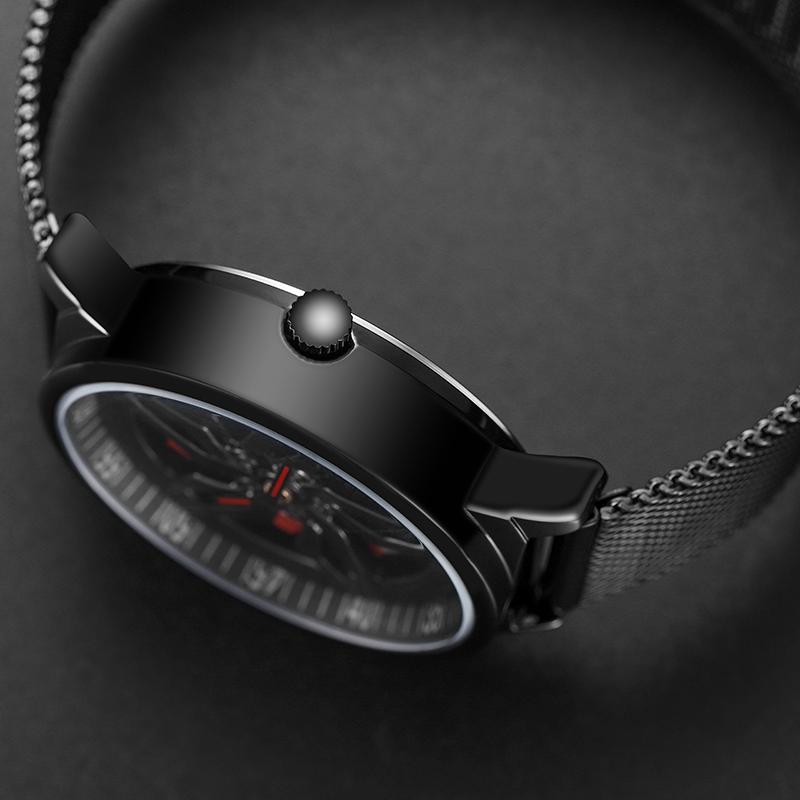Men 360 Degree Hollow Dial Mesh Strap Quartz Watch - Spinning Design - Black