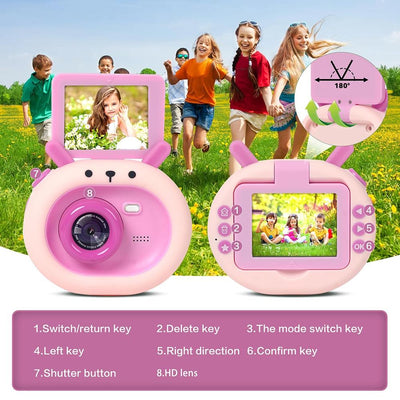 180-degree Flip-screen Cartoon Digital Camera with Stand 2.4-inch 1080p Hd - Dark Green