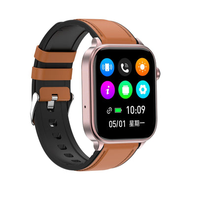 1.96 Inch Colour Screen Smart Watch Leather Strap Support Bluetooth Call / Ecg - Brown