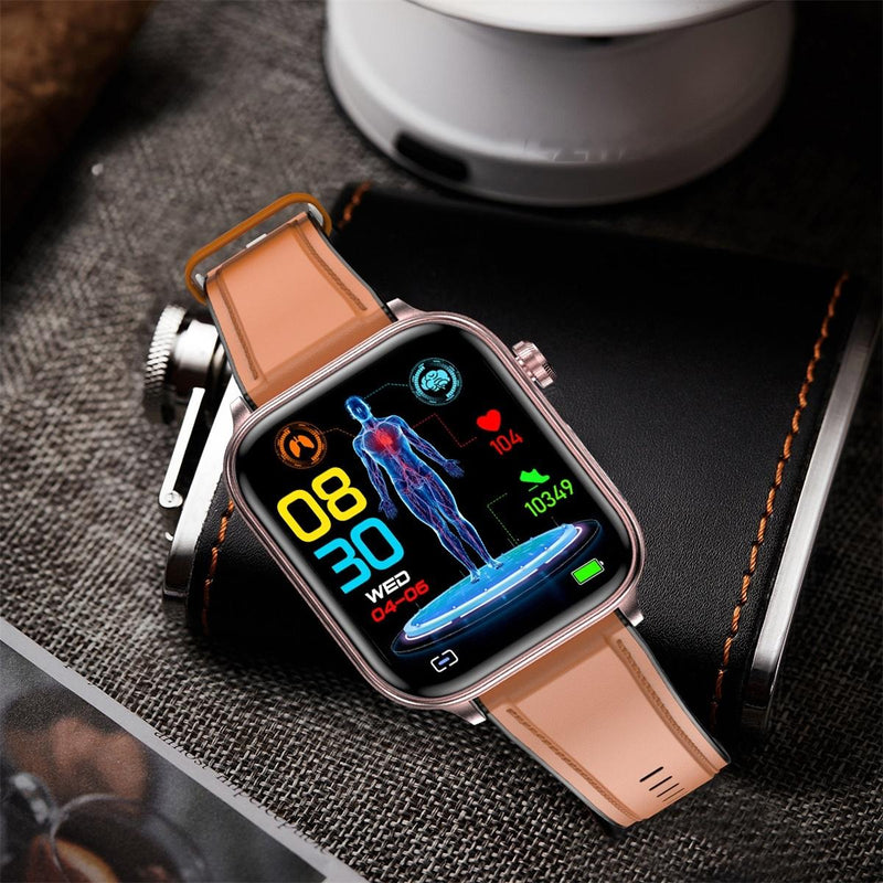 1.96 Inch Colour Screen Smart Watch Leather Strap Support Bluetooth Call / Ecg - Brown