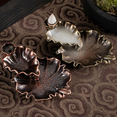 Bronze Lotus Leaf Inverted Incense Burner - Antique Indoor - Bronze Colour