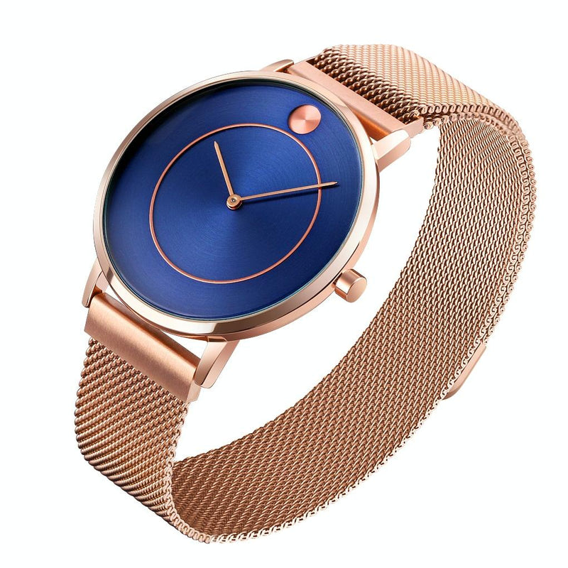 Women Metal Mesh Quartz Watch with Non-scale Dial - Rose Gold Blue Surface