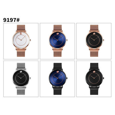 Women Metal Mesh Quartz Watch with Non-scale Dial - Rose Gold Blue Surface