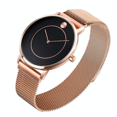 Women Metal Mesh Quartz Watch with Non-scale Dial - Rose Gold Blue Surface