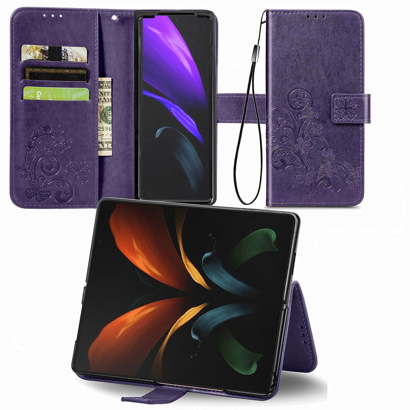 Embossed Leather Phone Case for Samsung Galaxy z Fold 4 with Four Leaf Clasp - Rose Gold
