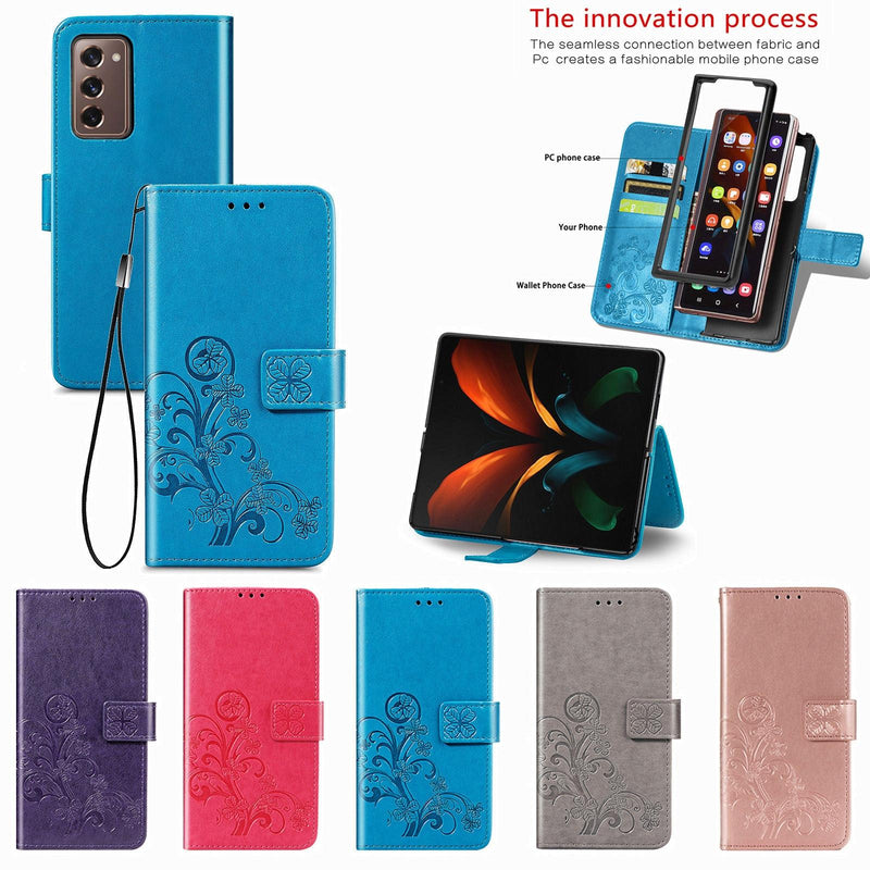 Embossed Leather Phone Case for Samsung Galaxy z Fold 4 with Four Leaf Clasp - Rose Gold