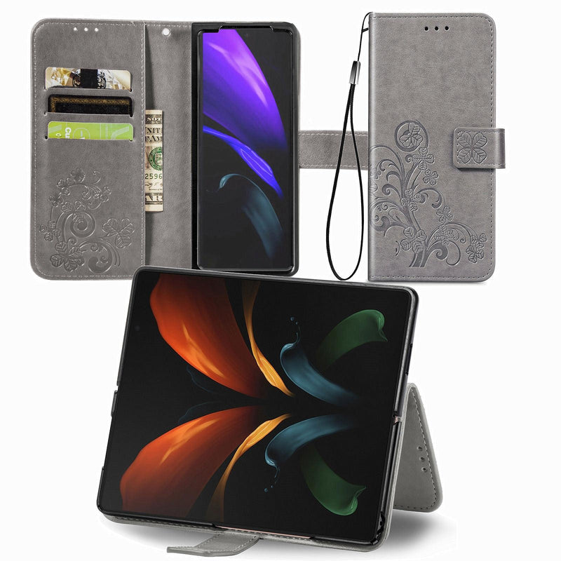 Embossed Leather Phone Case for Samsung Galaxy z Fold 4 with Four Leaf Clasp - Rose Gold