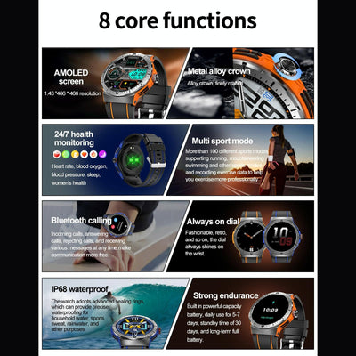 1.43 Inch Bt5.3 Ip68 Sport Smart Watch Support Bluetooth Call / Message Notification / Heart Rate / Blood Pressure Health Monitor - Red