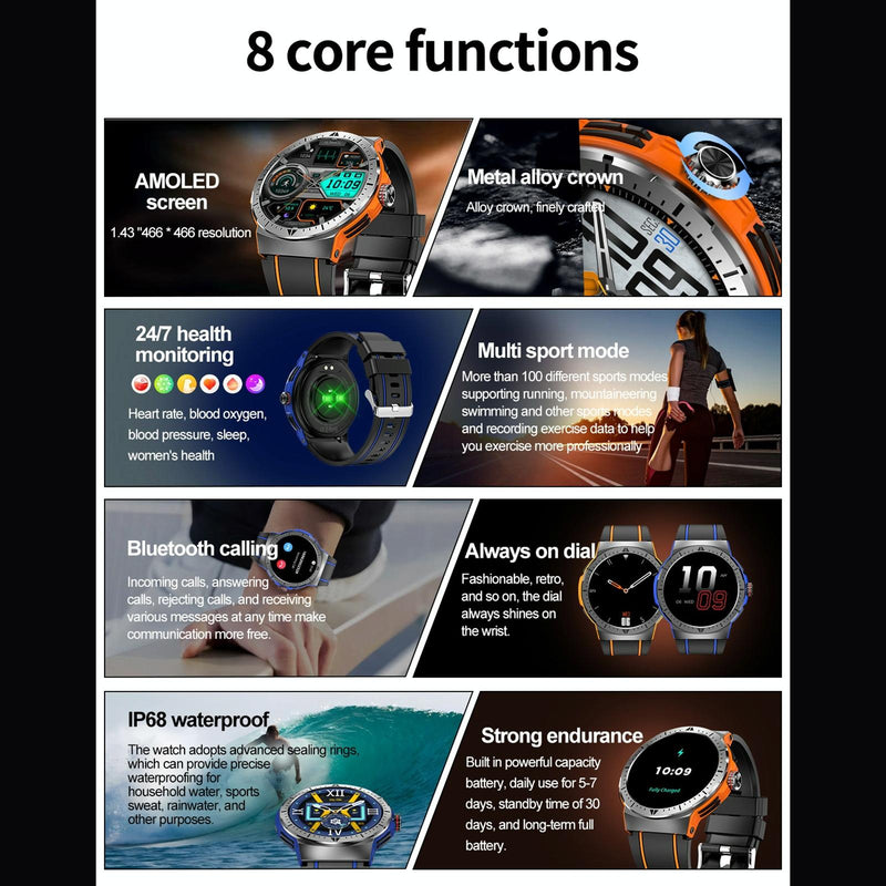 1.43 Inch Bt5.3 Ip68 Sport Smart Watch Support Bluetooth Call / Message Notification / Heart Rate / Blood Pressure Health Monitor - Red