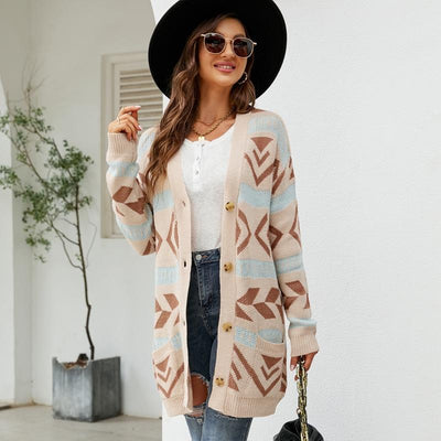 Autumn And Winter Female Diamond Loose Knitted Cardigan Jacquard Medium-Length Sweater Jacket - Beige - S
