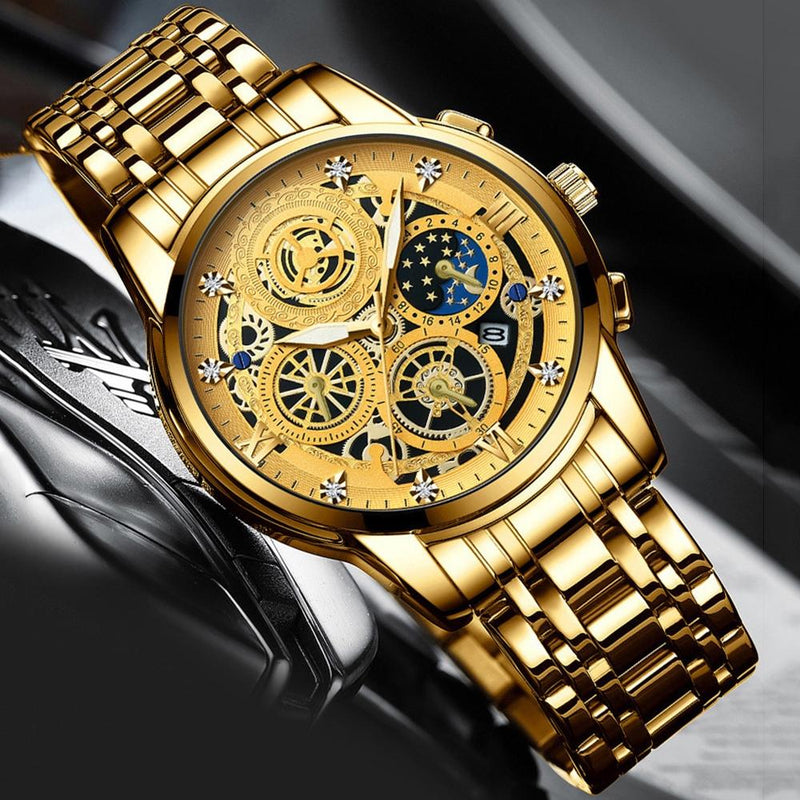 Waterproof Luminous Quartz Watch with Multifunctional Design - Full Gold Black Surface