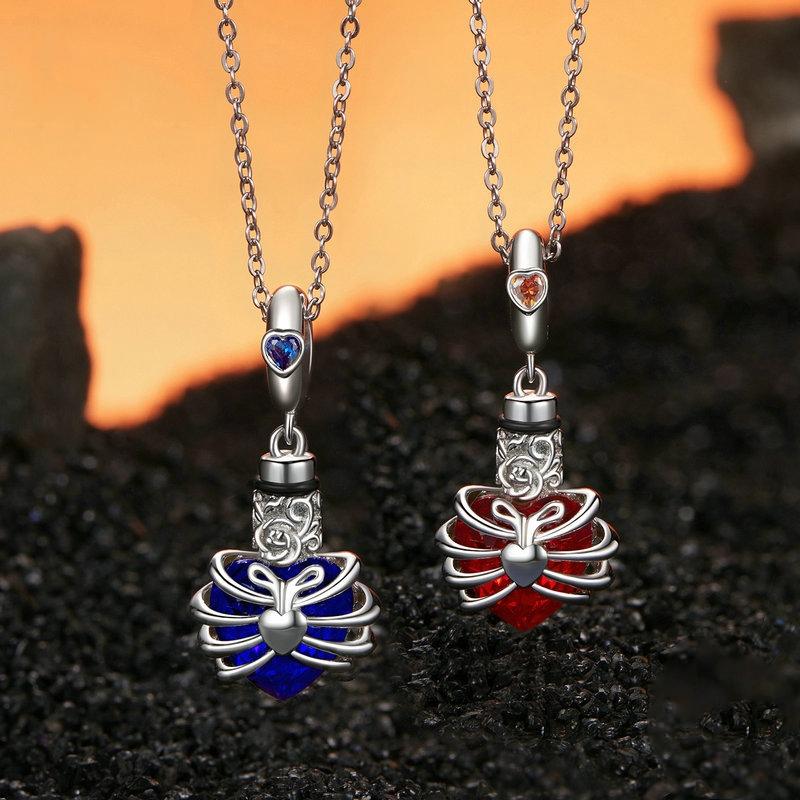 925 Sterling Silver Heart Pendant With Beaded Detail - Red