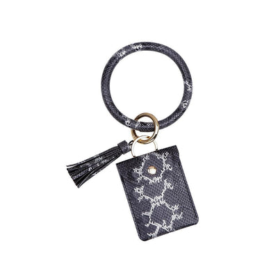 Snake Print Wrist Keychain Coin Purse Black Pu Leather Bracelet Card Case - Yellow