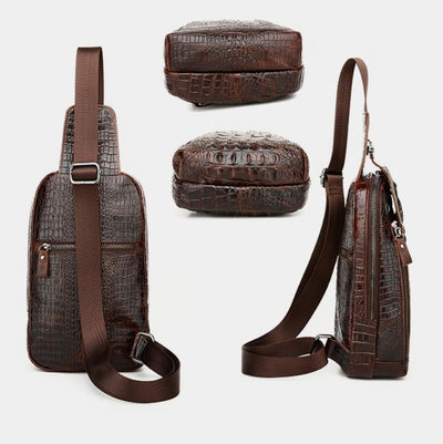 Men Cowhide Crocodile Texture Crossbody Chest Bag One Shoulder Design - Crocodile Head