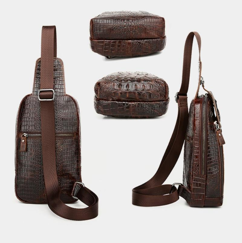Men Cowhide Crocodile Texture Crossbody Chest Bag One Shoulder Design - Crocodile Head